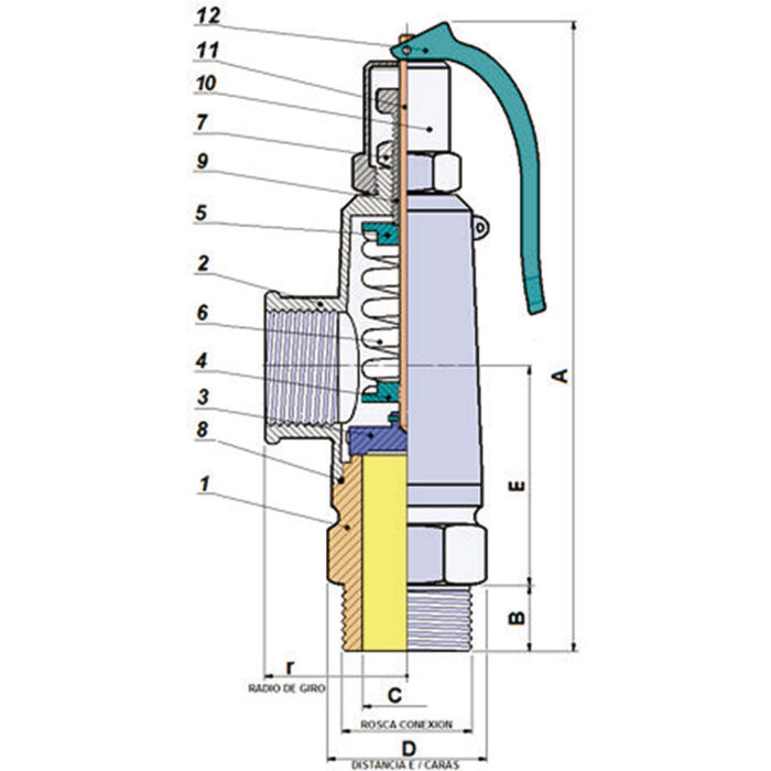 Safety relief valve cod. V70.23, V70.24, V70.25 with ducted exhaust Male x female threaded connection with actuating lever.